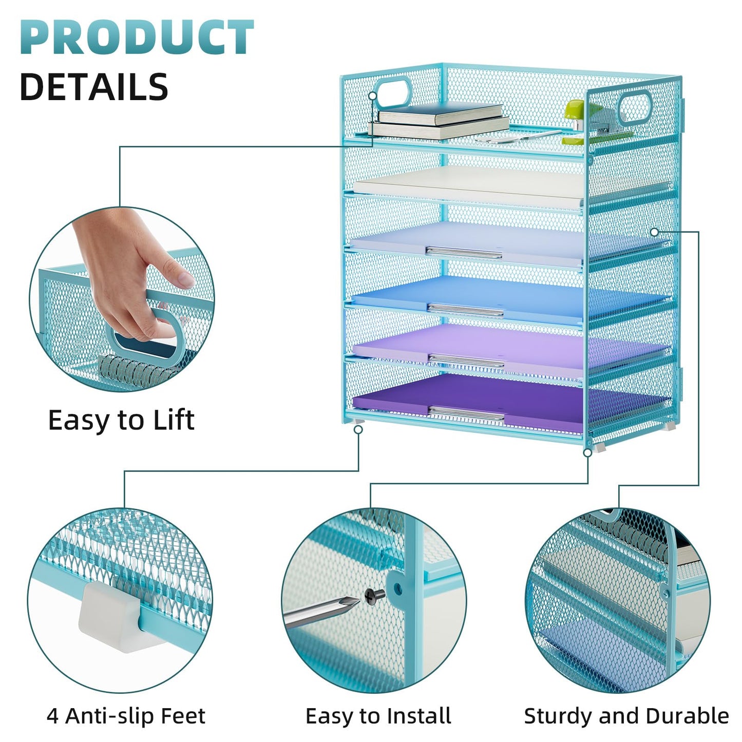 Marbrasse 2 Pack Desk Organizer with Handle, 6 Tier Paper Letter Tray, Mesh Desk File Organizer for Office, School and Home - Blue