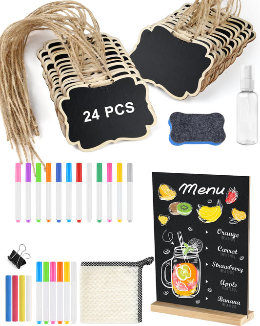 NEBURORA 1 Pack 5 x 7.9 Inches Tabletop Small Chalkboard Sign Bundles 24 Pcs Mini Erasable Wood Chalkboard Signs with Hanging String Plant Name Tags