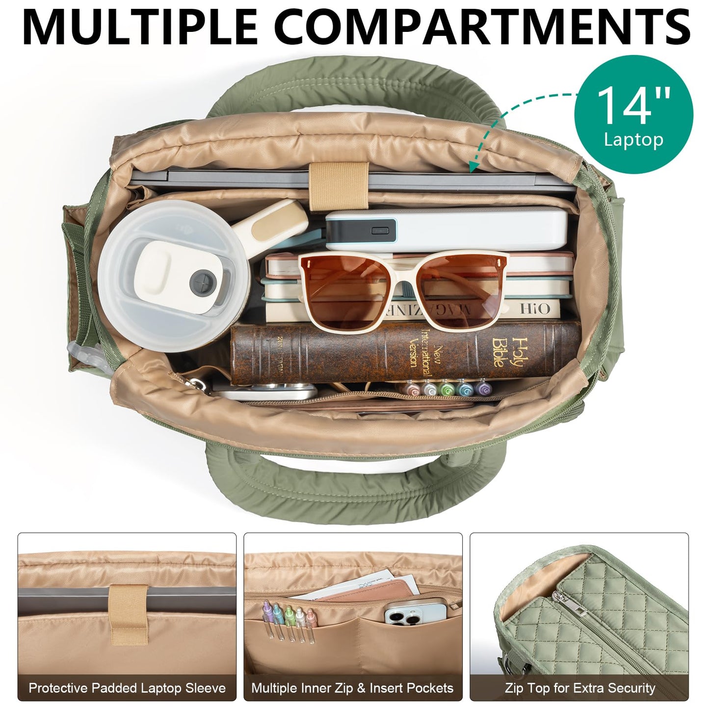 Large Bible Bag for Women Bible Cover Case, Quilted Puffer Bible Tote Bag Church Bag w/Shoulder Strap, Bible Study Supplies Journaling Kit Accessories Pen Tabs, Christmas Christian Gifts for Women Mom