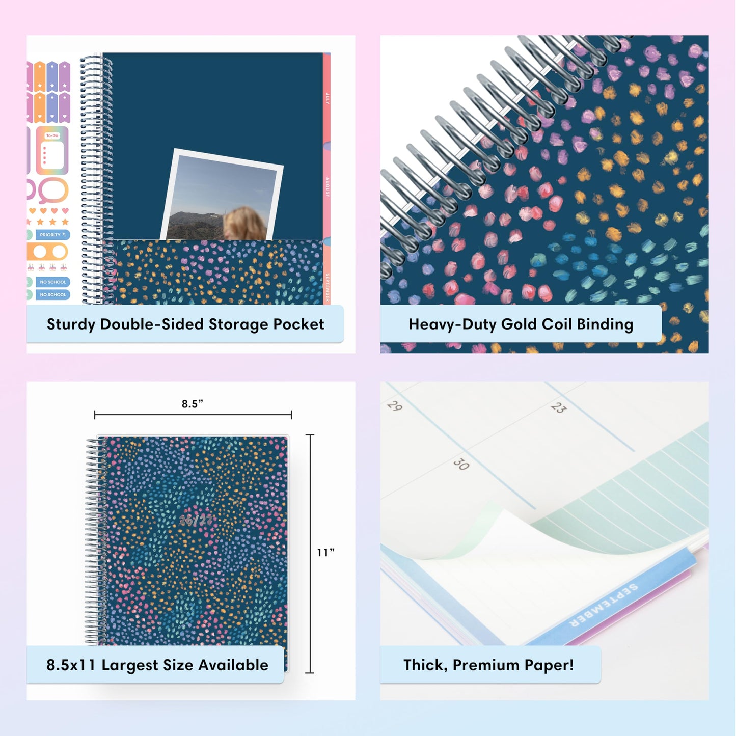 Blue Sky Teachwell 2026-2027 Weekly and Monthly Academic Year Teacher Lesson Planner Calendar, July 2026 - June 2027, 8.5" x 11", Flexible Cover, Heavy Duty Coil Binding, Colorful Interior, Laminated Tabs, Storage Pocket, Includes Stickers, Mikki