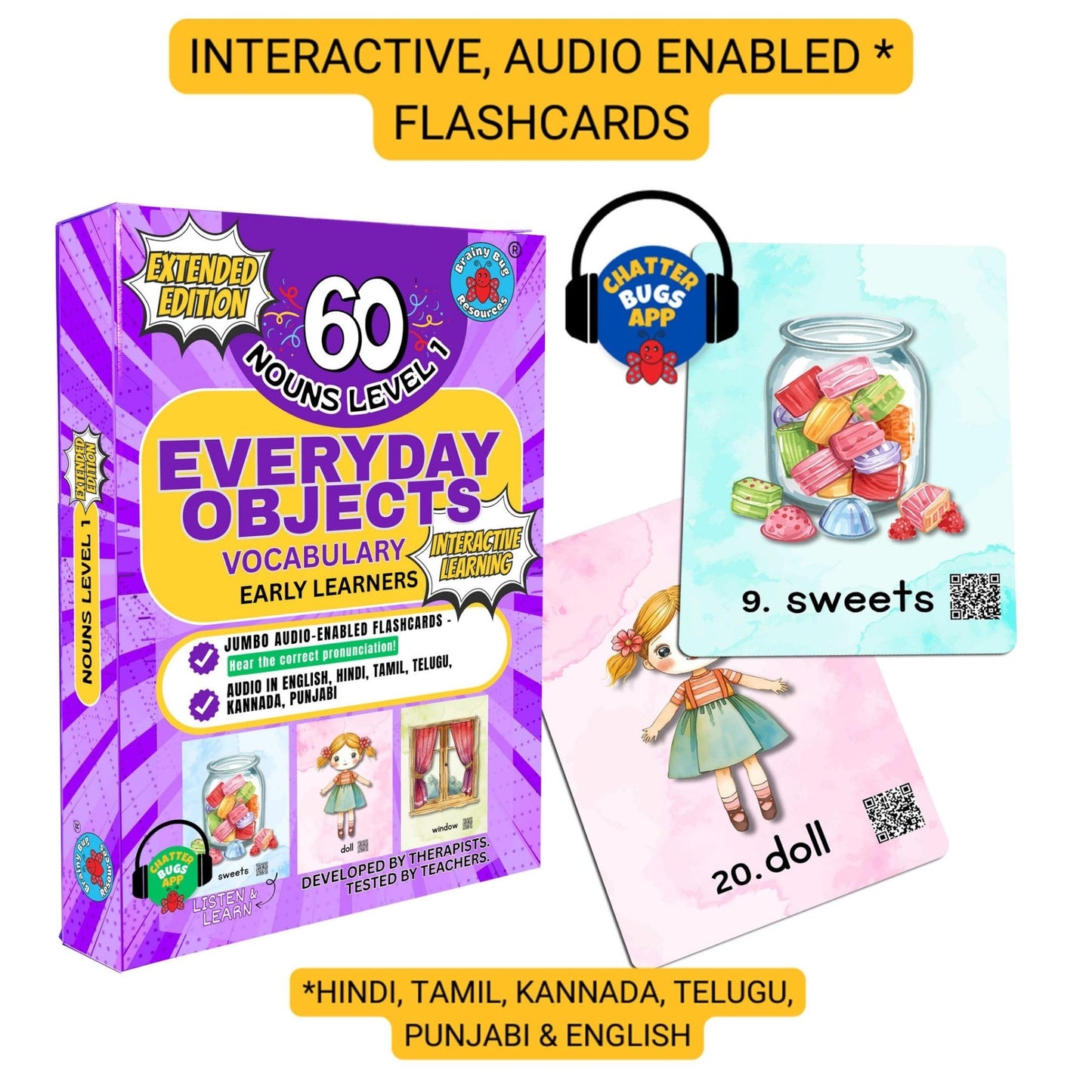 Brainy Bug Resources Flashcards with App-Enabled Audio Feature | 60 Everyday Objects Level 1 | Nouns | Audio in Hindi, English, Punjabi, Tamil, Kannada, Telugu | Spoken English | Special Kids