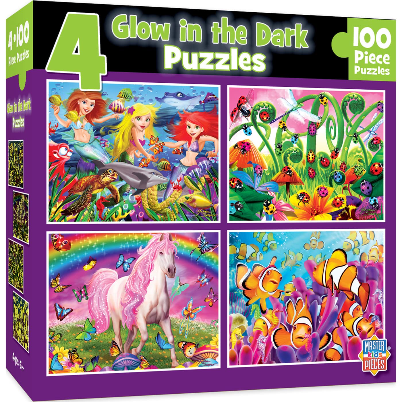 MasterPieces – Jigsaw Puzzle Set for Kids 6+ Years, 4-Pack of 100 Pieces, Educational and Fun Game, Purple Glow in the Dark Collection, Gift Idea for Children, 8" x 10