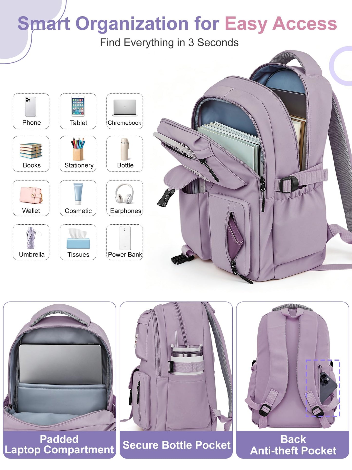 FIORETTO School Backpack for Teen Girls & Women with Compartment, Lightweight School Bag Bookbag with Multiple Pockets, Ideal for Middle High School, College, Travel, Purple 25L