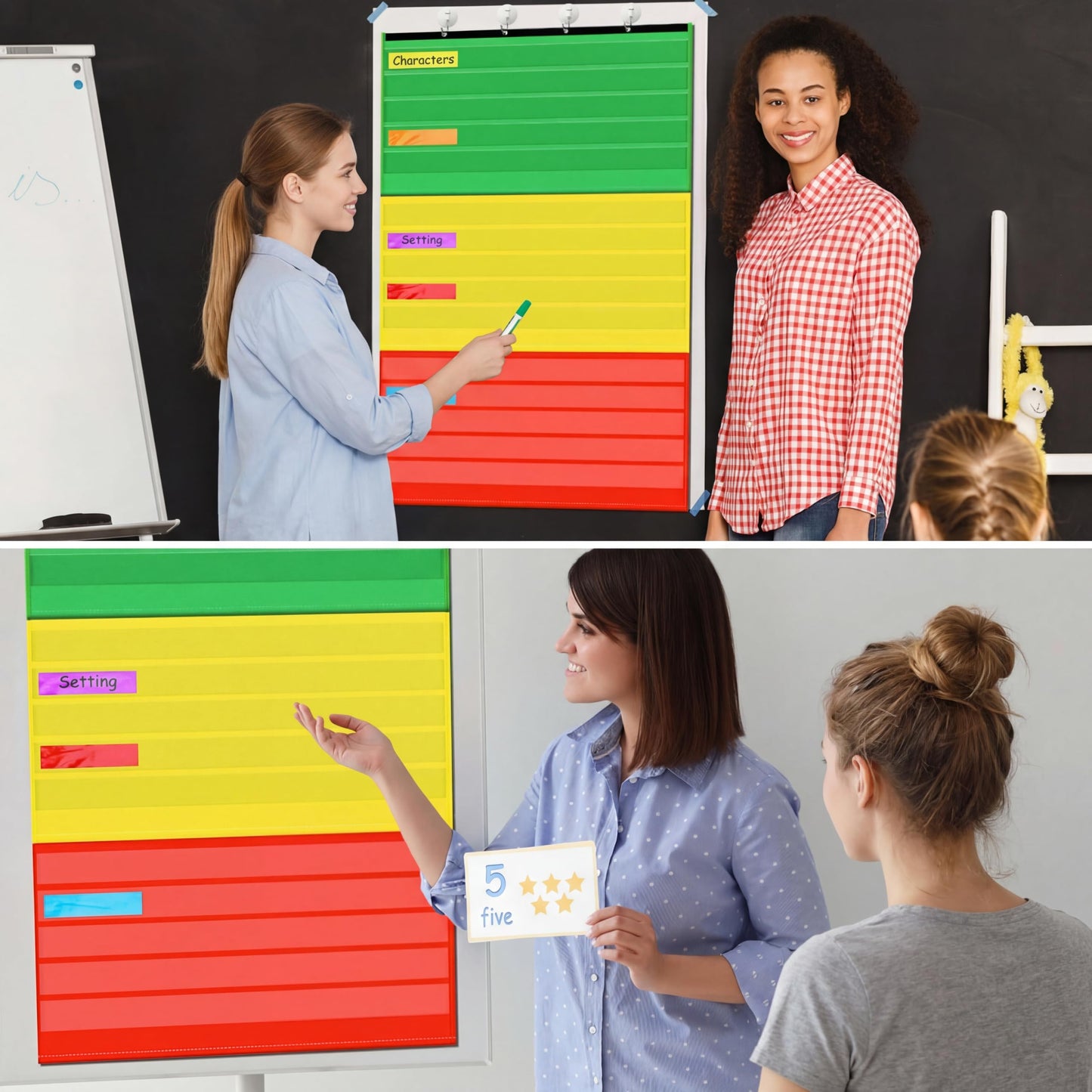 Kosiz 2 Packs Adjustable Pocket Chart Behavior Job Chart with 60 Pcs Labels Multi Purpose Educational and Organizational Pocket Tool for Teacher Home Supply