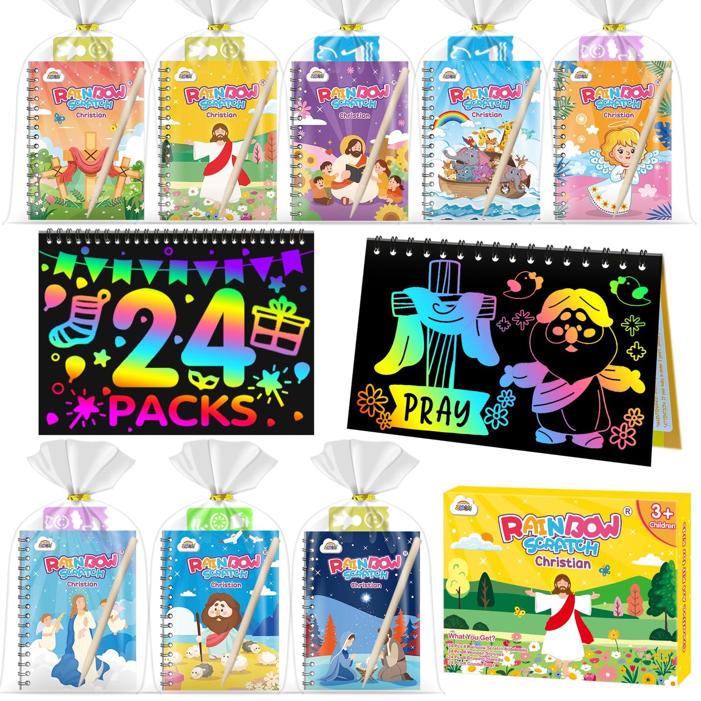 ZMLM Rainbow Scratch Party Favors Kids: Birthday Gifts Toy Bulk Scratch Art Notebook Birthday Goodie Bags Stuffers Girls Boys Art Craft Kit Pads Classroom Prizes School Teacher Return (Christian, 24)
