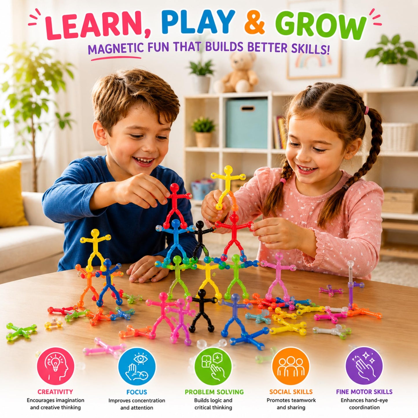 Magnetic Men Figures for Kids Ages 3-8, 10 PCS Sensory STEM Fidget Toy, Travel Toy for Boys & Girls, Road Trip Airplane Car Activities, Educational Building Set, Birthday Gift, Classroom Prize