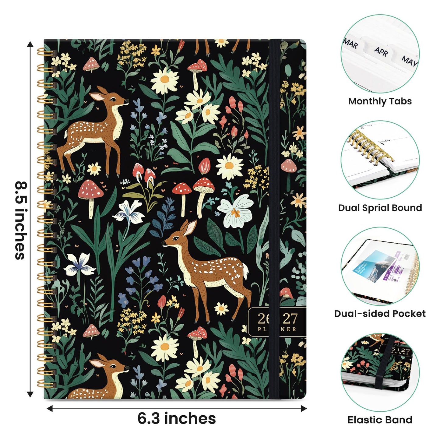 Academic Planner 2026-2027, Monthly and Weekly Calendar Planner, July 2026 - June 2027, Pretty Hardcover Teacher Student Planning Agenda Book with Tabs, Fit for School Office Supplies, 6.3" x 8.5", Forest Fawns