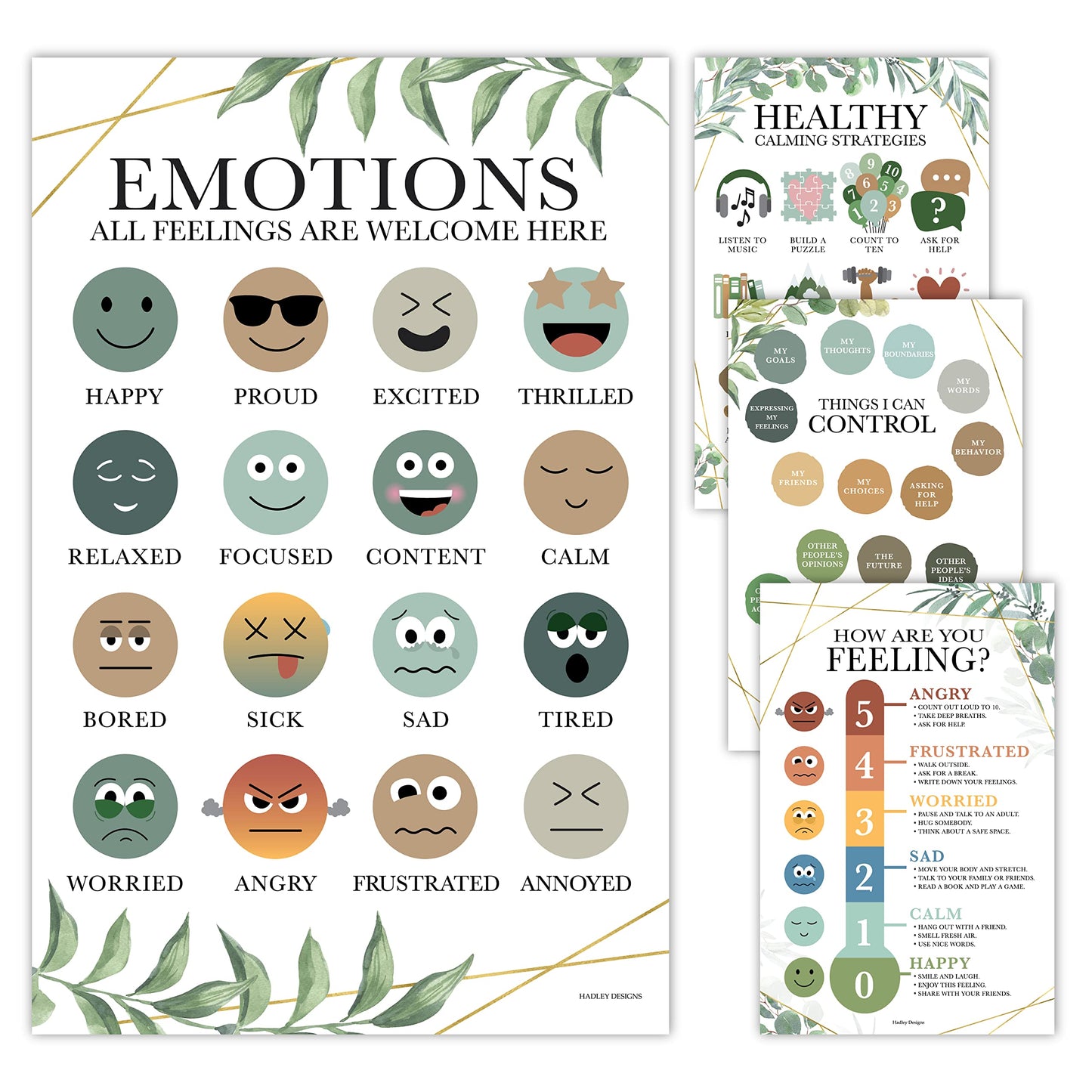 Hadley Designs Feelings Chart for Classroom Must Haves -Emotions Chart for Toddler Calm Down Corner Supplies,Feelings Wheel, Mental Health & Social Emotional Learning Posters, Greenery Classroom Decor