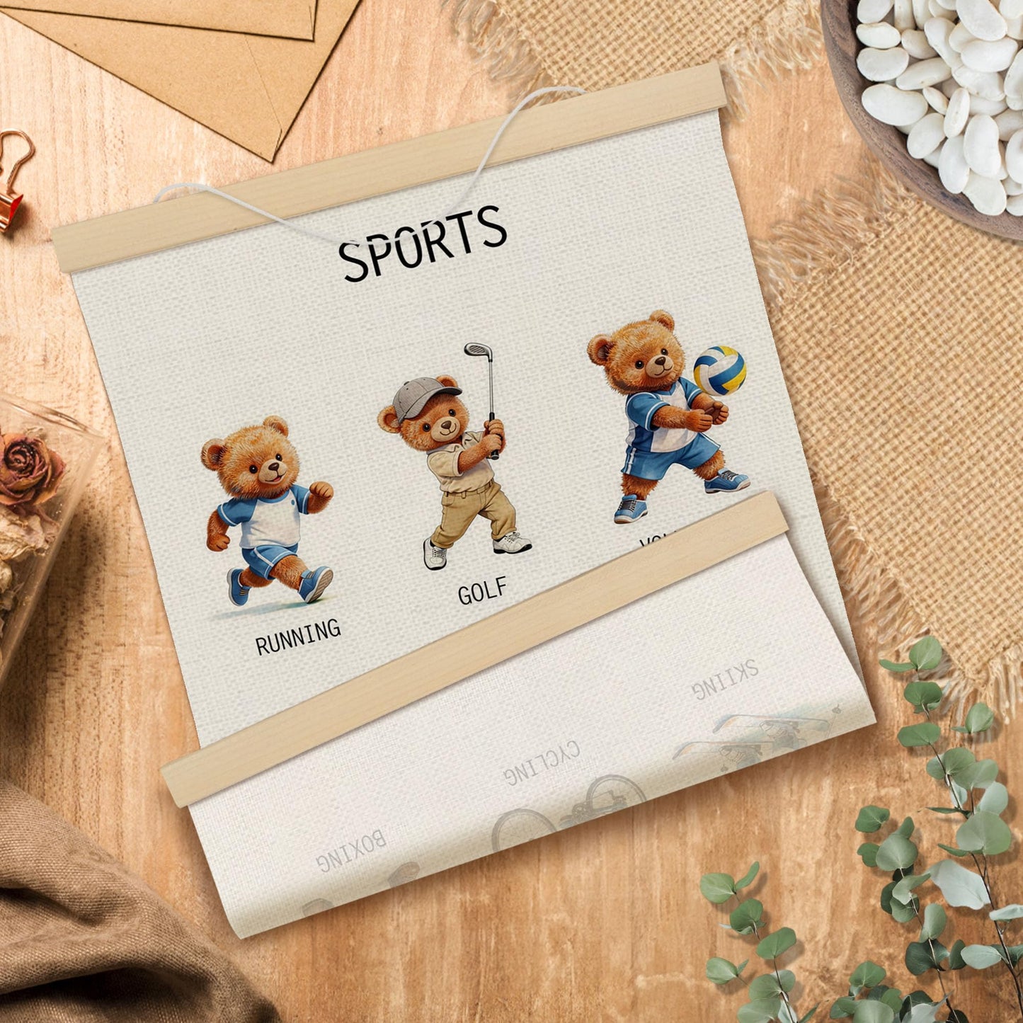 MOTERMATE Bear Sports Nursery Poster Hanger Frame, Sports Wall Hanging Decor Art Framed for Toddlers Kids Boys Room Nursery Bedroom Playroom, Kids Playroom Wall Poster Prints, 12x16 Inch