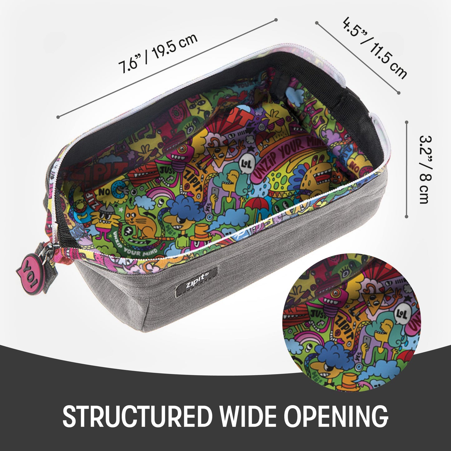 ZIPIT: Lenny Pencil Case - Grey & Doodles - Large Storage Capacity Zipper Pouch, Makeup-Stationery Bag, School, Washable Polyester, Kids-Teens-Adults