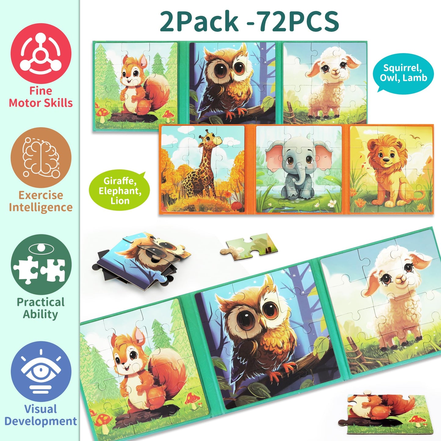 Magnetic Puzzles for Toddlers 3-5 2PK-72PCS-6 Animal Themes Magnetic Puzzles for Kids 4-6 Travel Puzzle for Airplane/Car/Road Trip/Gift Toys for 3 4 5 6 Year Old Girls and Boys