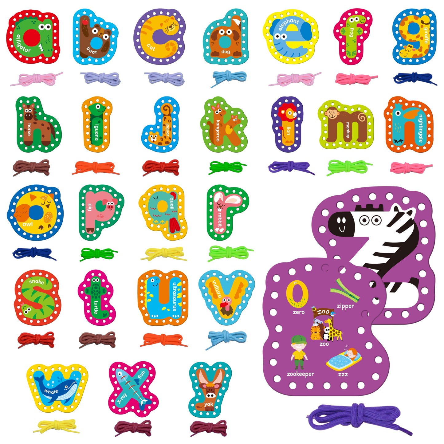 SpriteGru 26PCS Alphabet Lacing Cards, Lowercase Letters Sewing Kit with 26 Double-Sided Cards and 26 Colorful Laces Alphabet Learning Toy Motor Skills Art Crafts for Toddlers, Kids, Students