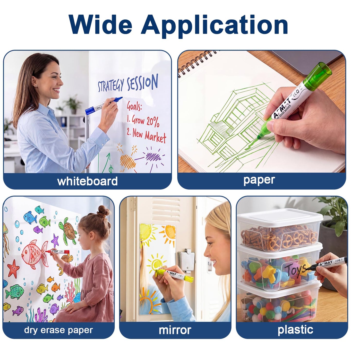 AFMAT Dry Erase Markers, Liquid Bullet Tip Whiteboard Markers with Visible Ink Window, Low Odor & Non-Toxic, 3X Large Capacity, No Residue for White Board, Classroom, Office, Home, Bright Blue,12 Pack