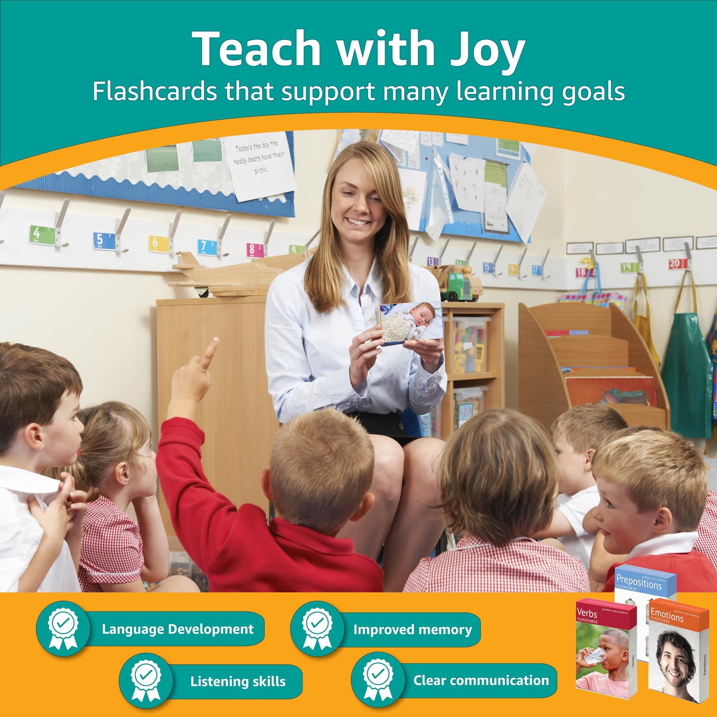 Picture My Picture Verbs, Prepositions and Feelings Flash Card Set– Speech Therapy Tool for Vocabulary, Communication & Thinking, with Activity Guide, Suitable for Education, ESL & ABA – Set of 120