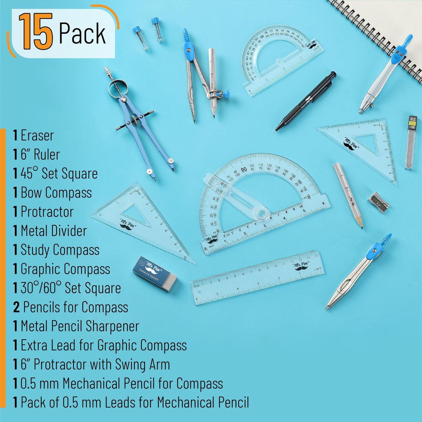 Mr. Pen- Geometry Set, 15 pcs, Blue, 6 Inch Swing Arm Protractor, Divider, Set Squares, Ruler, Compasses and Protractor