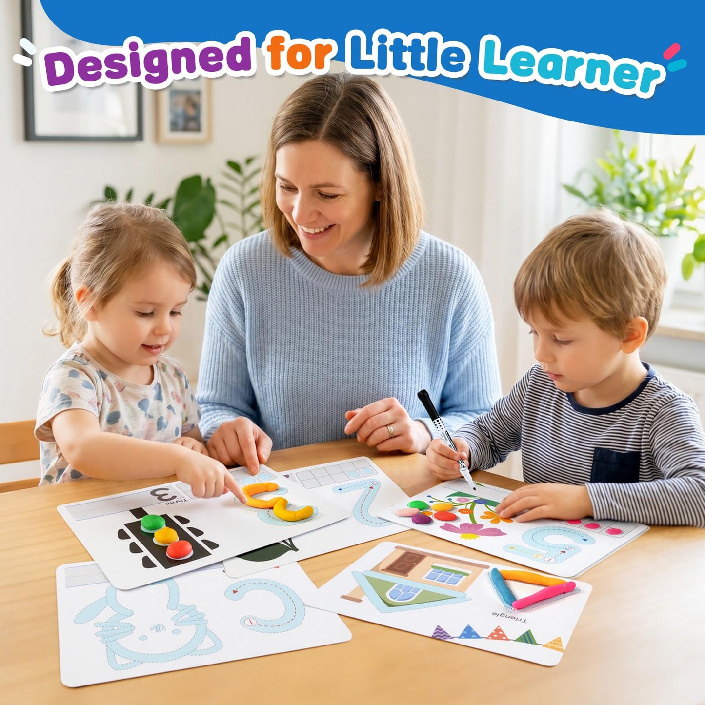 Crelloci Alphabet & Number Dough Learning Mats for Kids Ages 2+ – Double-Sided ABC, Counting & Shape Activity Cards, Reusable Write & Wipe Preschool Learning Set with Marker