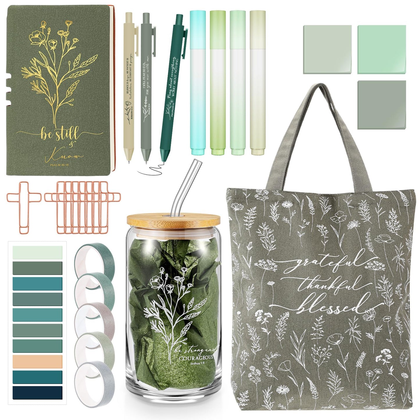 Singhoow 29 Pcs Bible Journaling Supplies Kit 16 oz Glass Cup Canvas Bag Leather Notebook Highlighters Pens Sticky Note Tapes Bible Study Supplies for Women Sunday School Teacher(Green, Boho)
