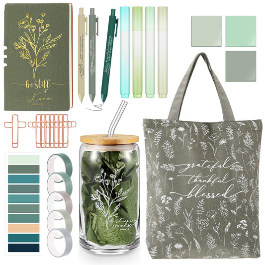 Singhoow 29 Pcs Bible Journaling Supplies Kit 16 oz Glass Cup Canvas Bag Leather Notebook Highlighters Pens Sticky Note Tapes Bible Study Supplies for Women Sunday School Teacher(Green, Boho)
