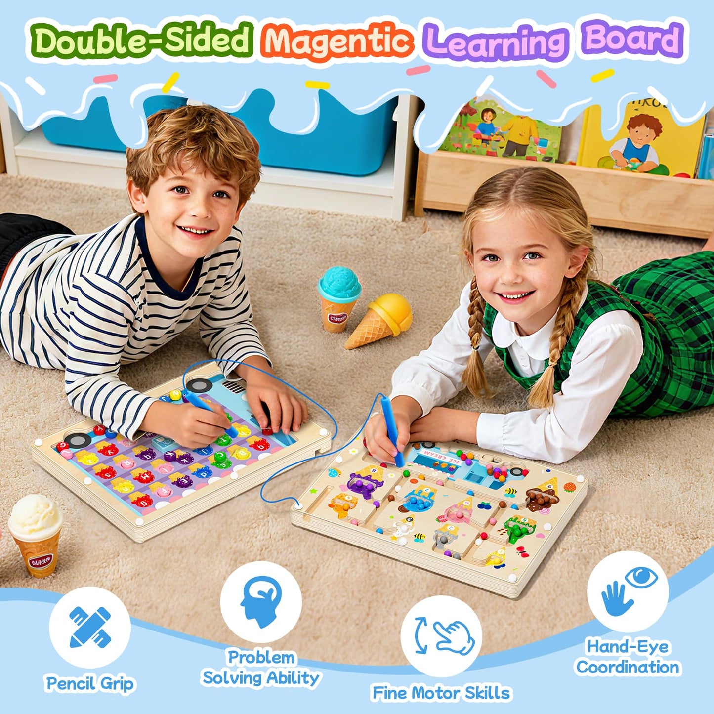 UMEREACT 2 in 1 Magnetic Color and Number Maze Double-Sided ABC Alphabet Puzzles Board Magnet Dinosaur Counting Maze Preschool Learning Montessori Education 3 4 5 Years Toys (Ice Cream, One Size)