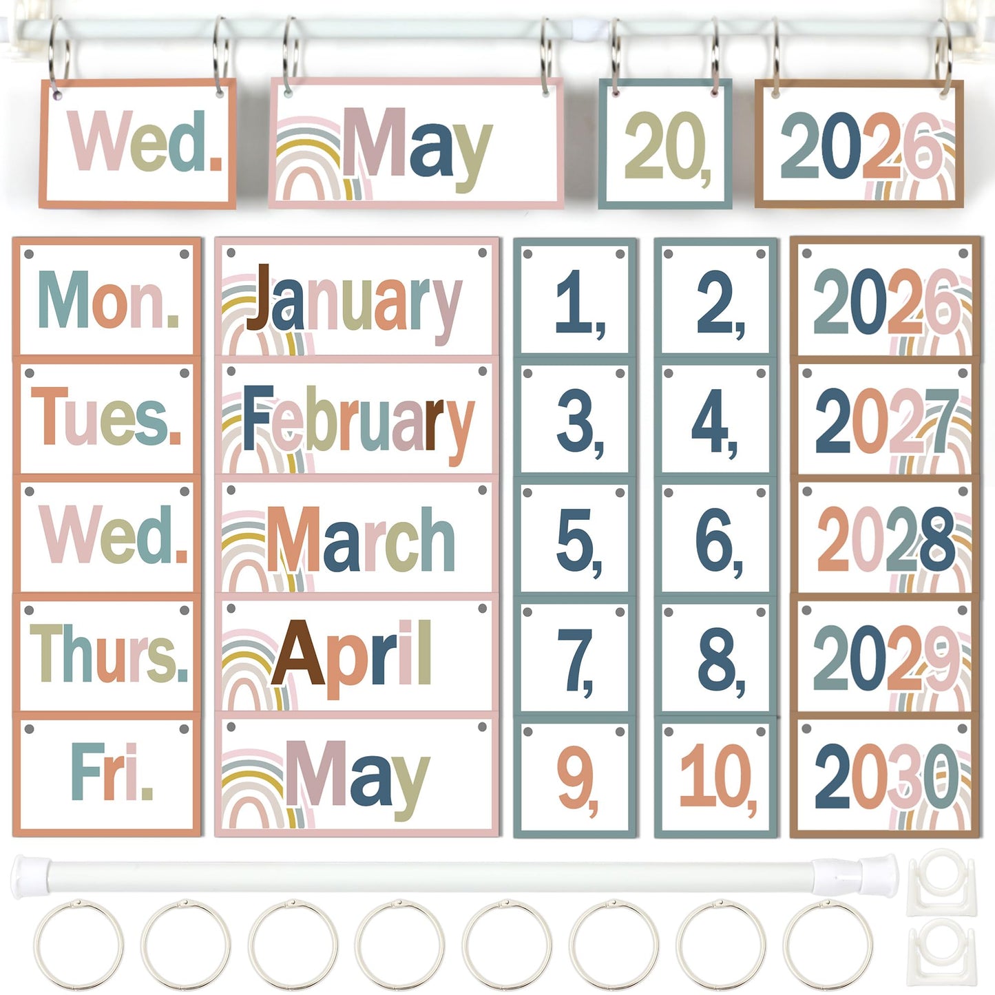 Boho Flip Calendar Bulletin Board Set Boho Rainbow Calendar for Classroom Whiteboard Decor with 2026 to 2030 Years Date Cards and Adjustable Rod for Home Elementary Back to School Teacher Supplies