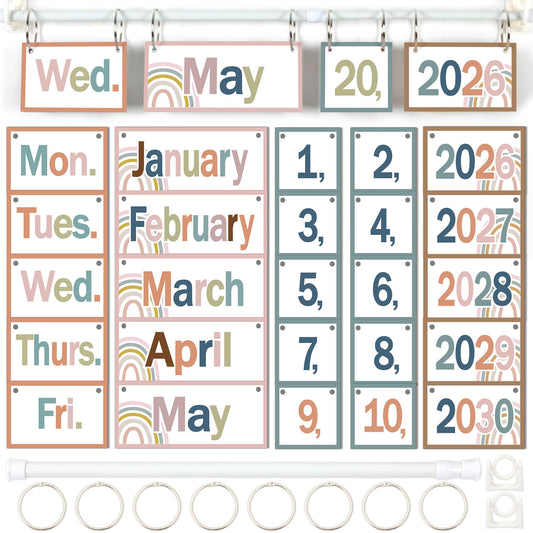 Boho Flip Calendar Bulletin Board Set Boho Rainbow Calendar for Classroom Whiteboard Decor with 2026 to 2030 Years Date Cards and Adjustable Rod for Home Elementary Back to School Teacher Supplies