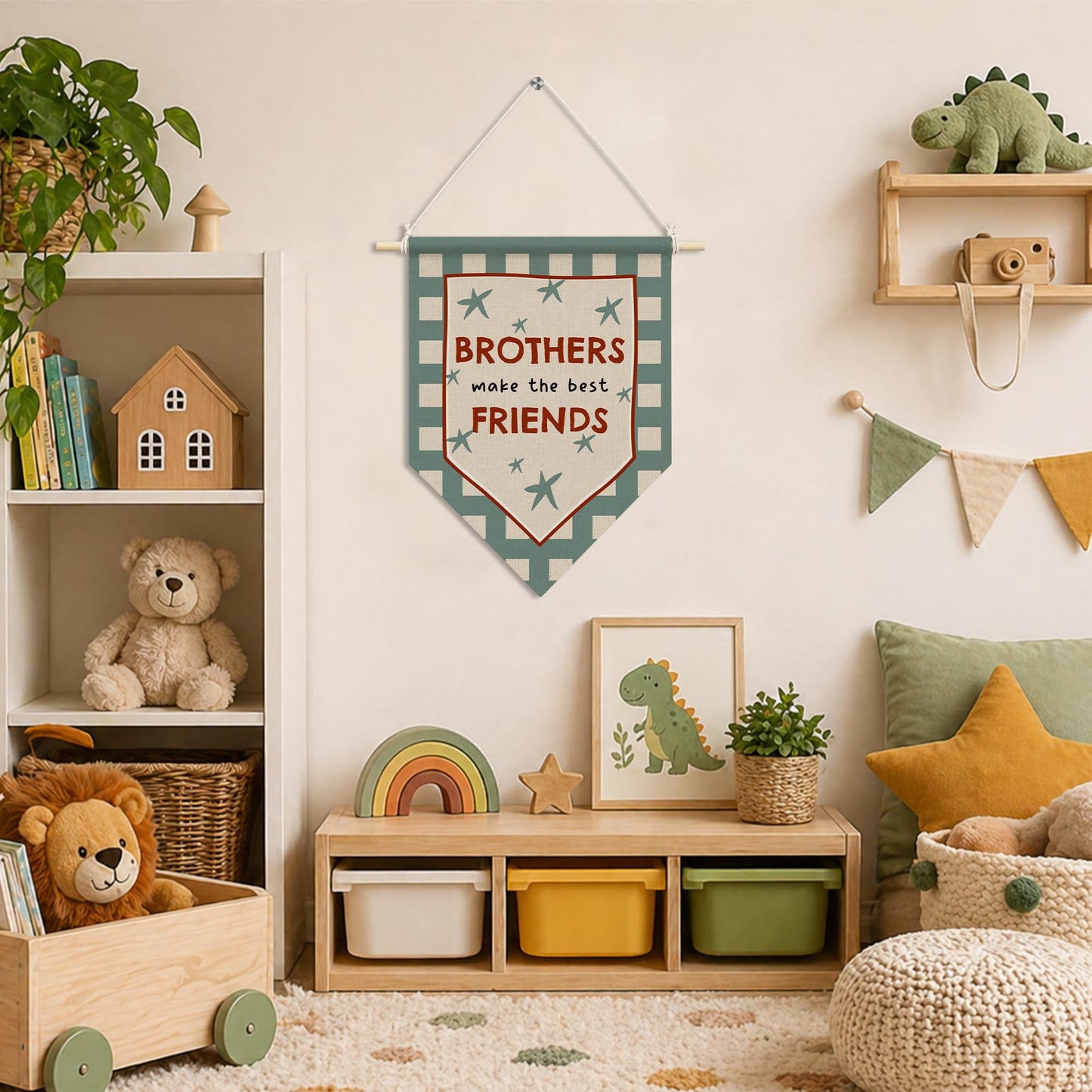 RUKUPA Boys Room Wall Art Decor, Kids Playroom Hanging Pennant Flag, Brothers Make the Best Friends Nursery Wall Art Poster Hanger for Kids Toddler Boys Room Playroom Bedroom Decor, 11x15 Inch