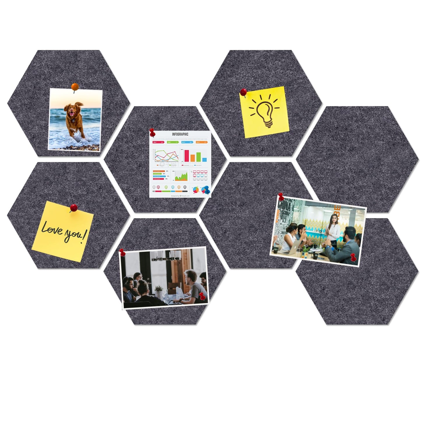 HULAVO Large Hexagon Felt Cork Board Tiles, Self Adhesive DIY Felt Bulletin Board Pin Board with 35 Pushpins for Office School Home Wall Decor Stickers Memos Photos Display(Deep Grey)