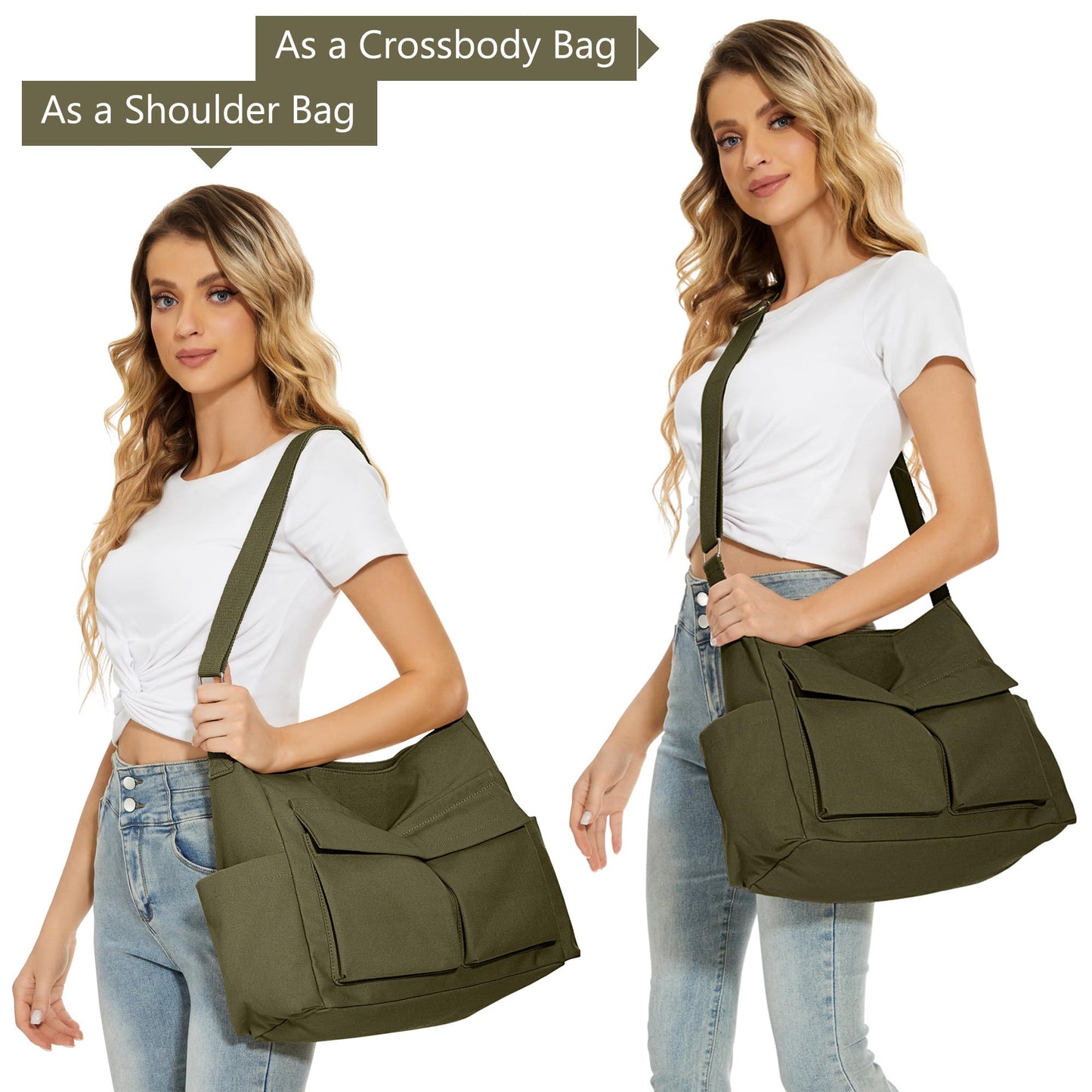 KALIDI Canvas Tote Messenger Bag with Pockets, Large Crossbody Bags for Women or Men, Casual Canvas Shoulder Bag for College Work Travel Daily, Army Green