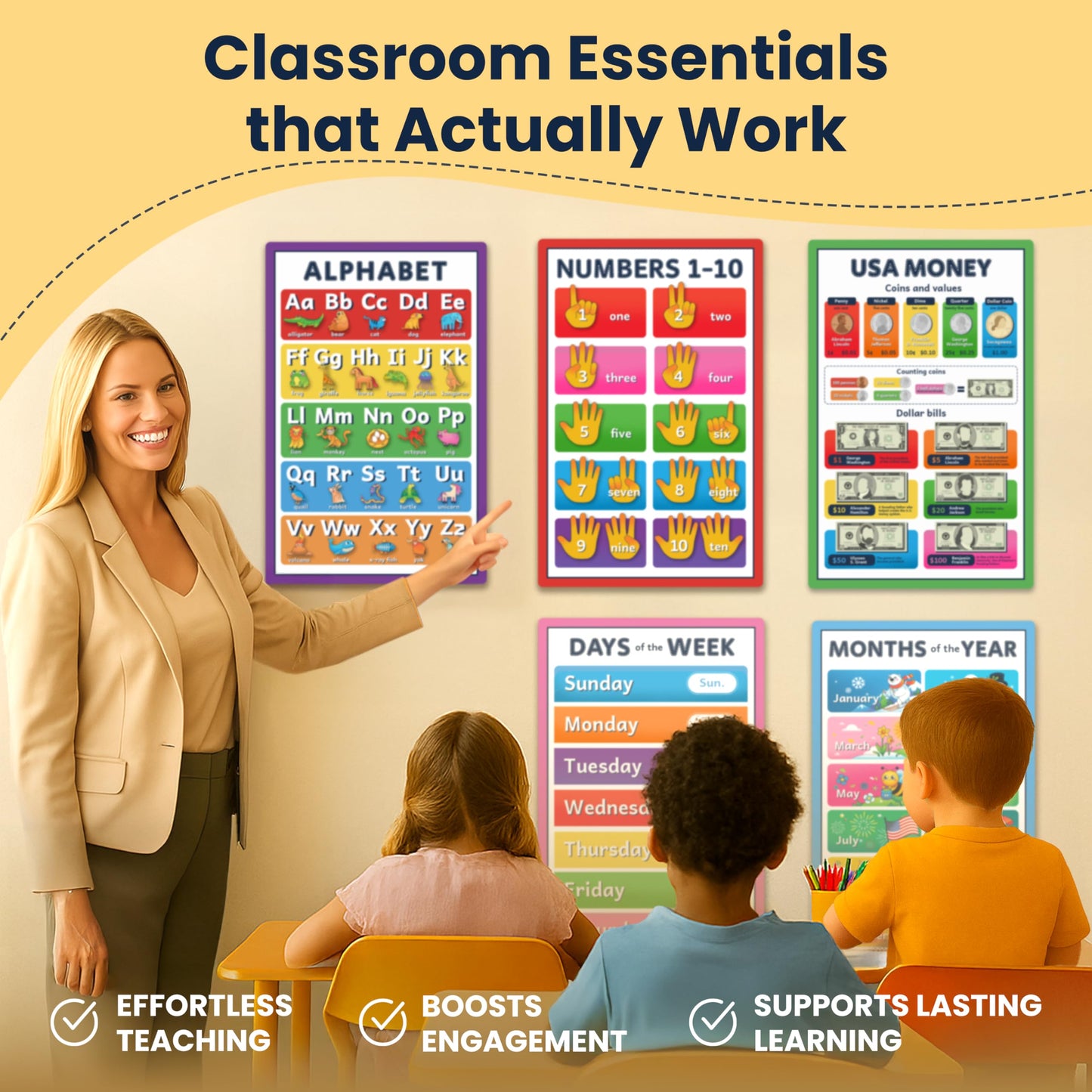RYVE Educational Posters for Kids – 18 Laminated Preschool Posters for Classroom, Alphabet Poster, Numbers, Shapes – Toddler Learning Posters 1-3, Kindergarten, Homeschool Decor, Preschool Must Haves