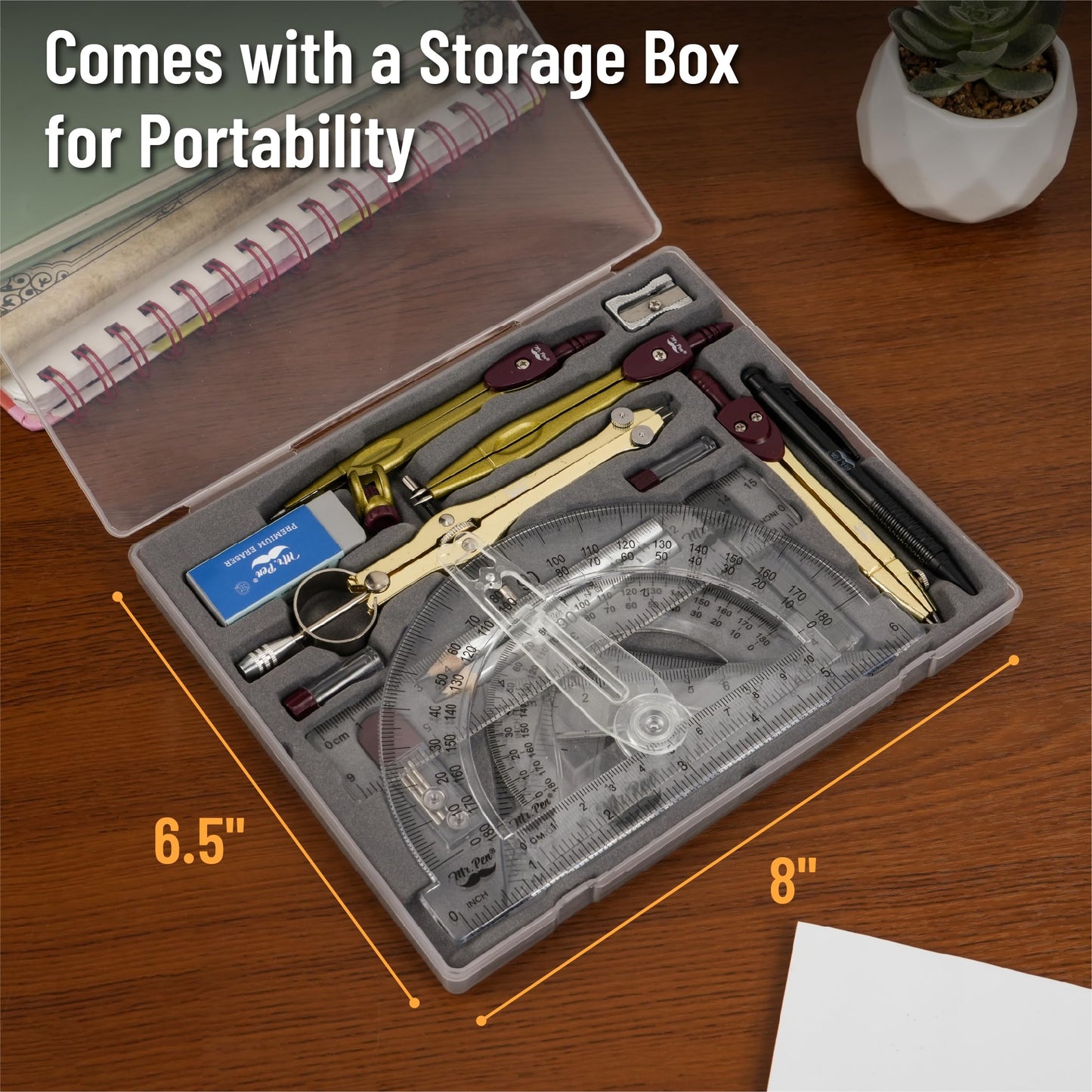 Mr. Pen- Geometry Set, 15 pcs, Gold, 6 Inch Swing Arm Protractor, Divider, Set Squares, Ruler, Compasses and Protractor