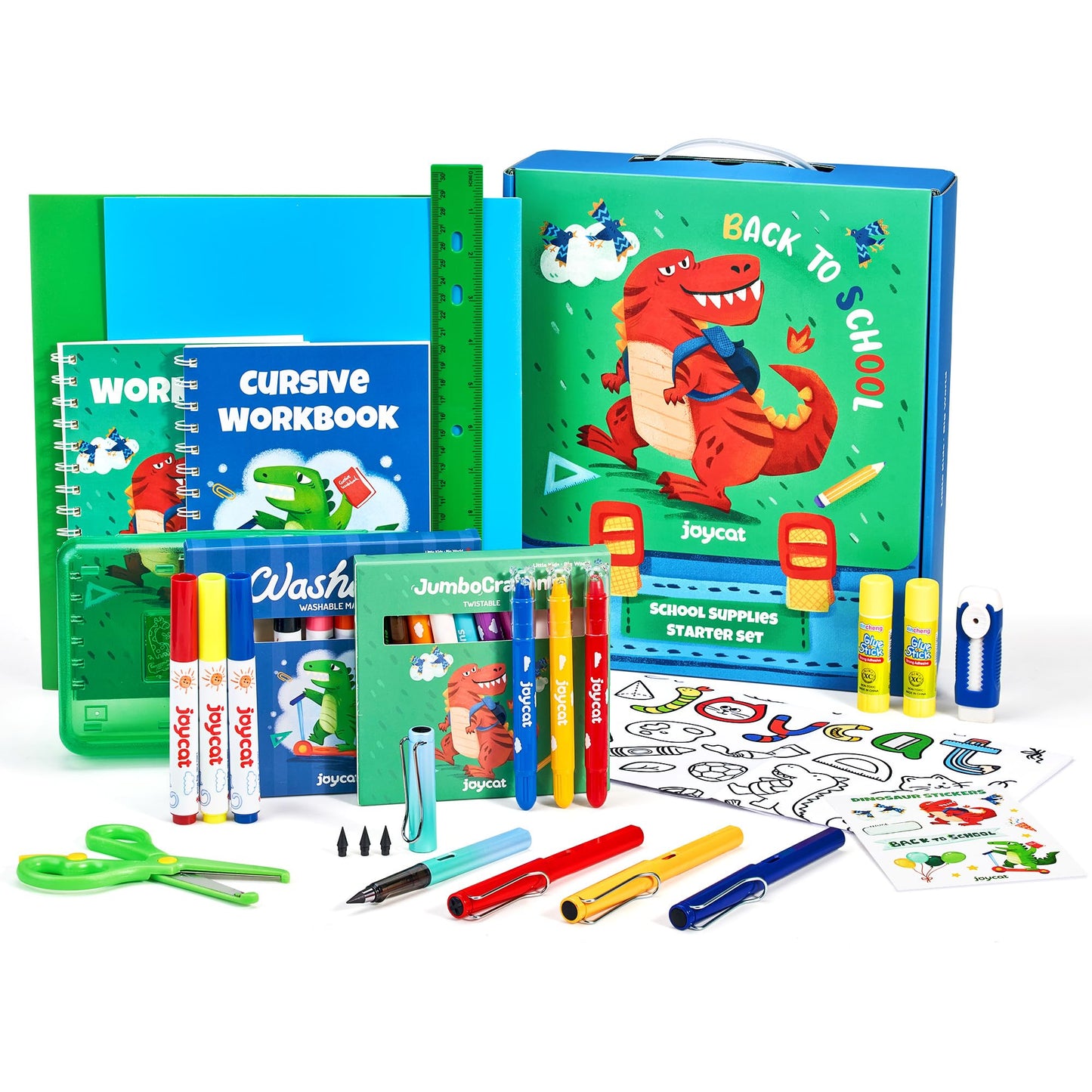 46-Piece Washable Back to School Supplies Gift Kit for Kids-Dinosaur Essential First Day Gift Set for Kindergarten & Elementary, Art Supplies & Refillable Tools, Ideal Kids Stationery Set for Boys.