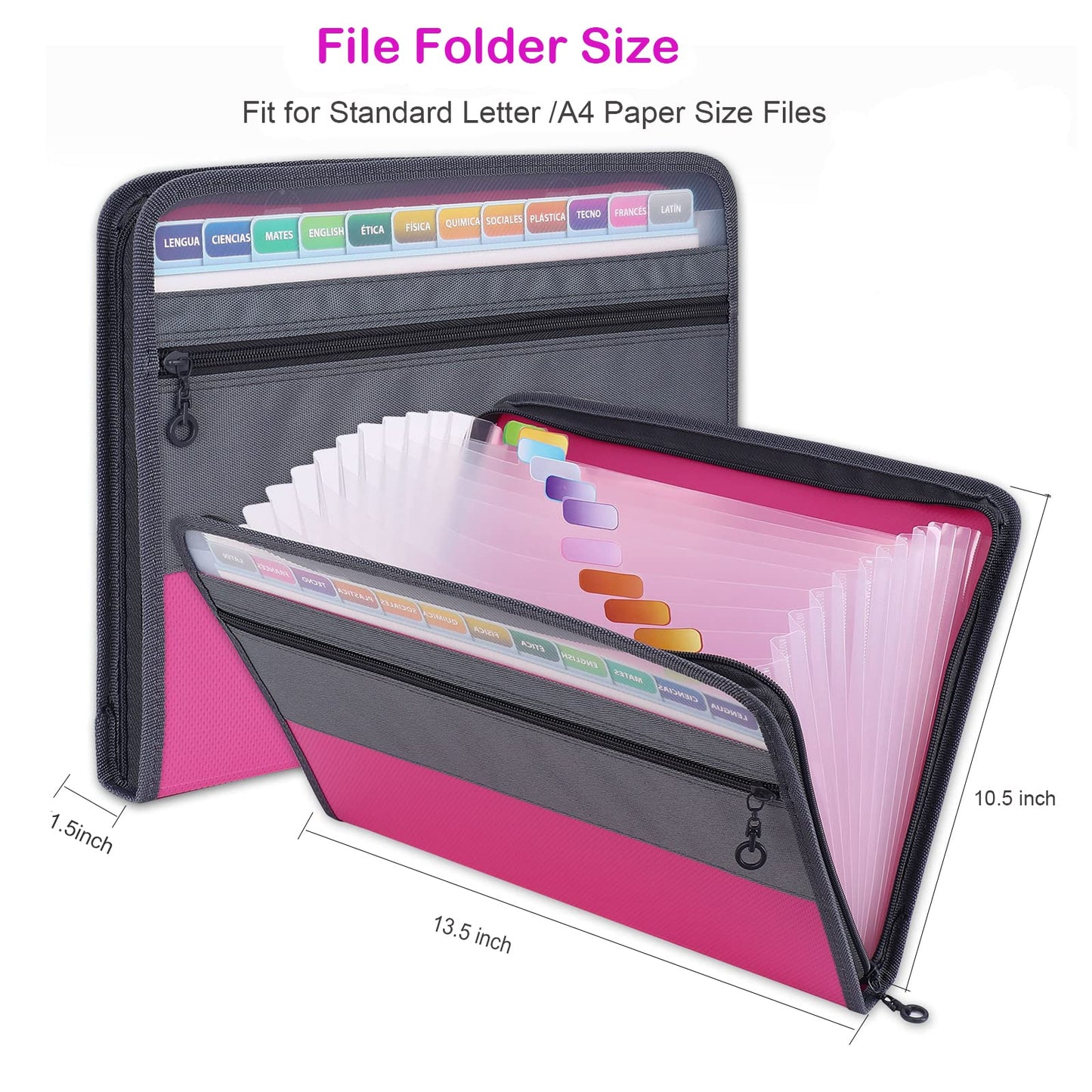 MEGREZ A4 Paper File Folder with 13 Pockets, Accordion File Folder with Zipper File Folder Organizer for Office, Waterproof Expanding File Folder with Tabs, Pink & Blue(2 Packs)