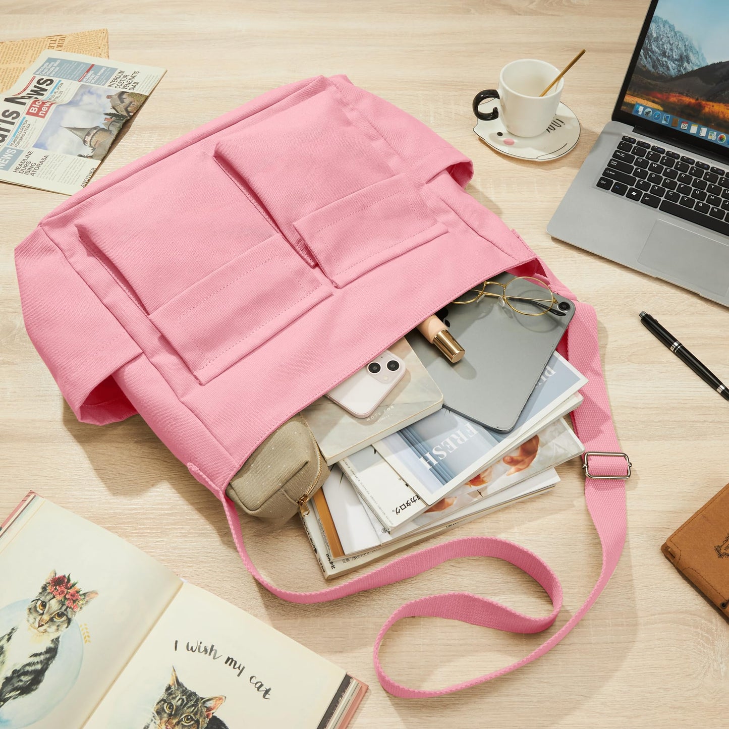 Canvas Messenger Bag for Women Men, Large Crossbody Bag for College Work Travel Daily, Pink