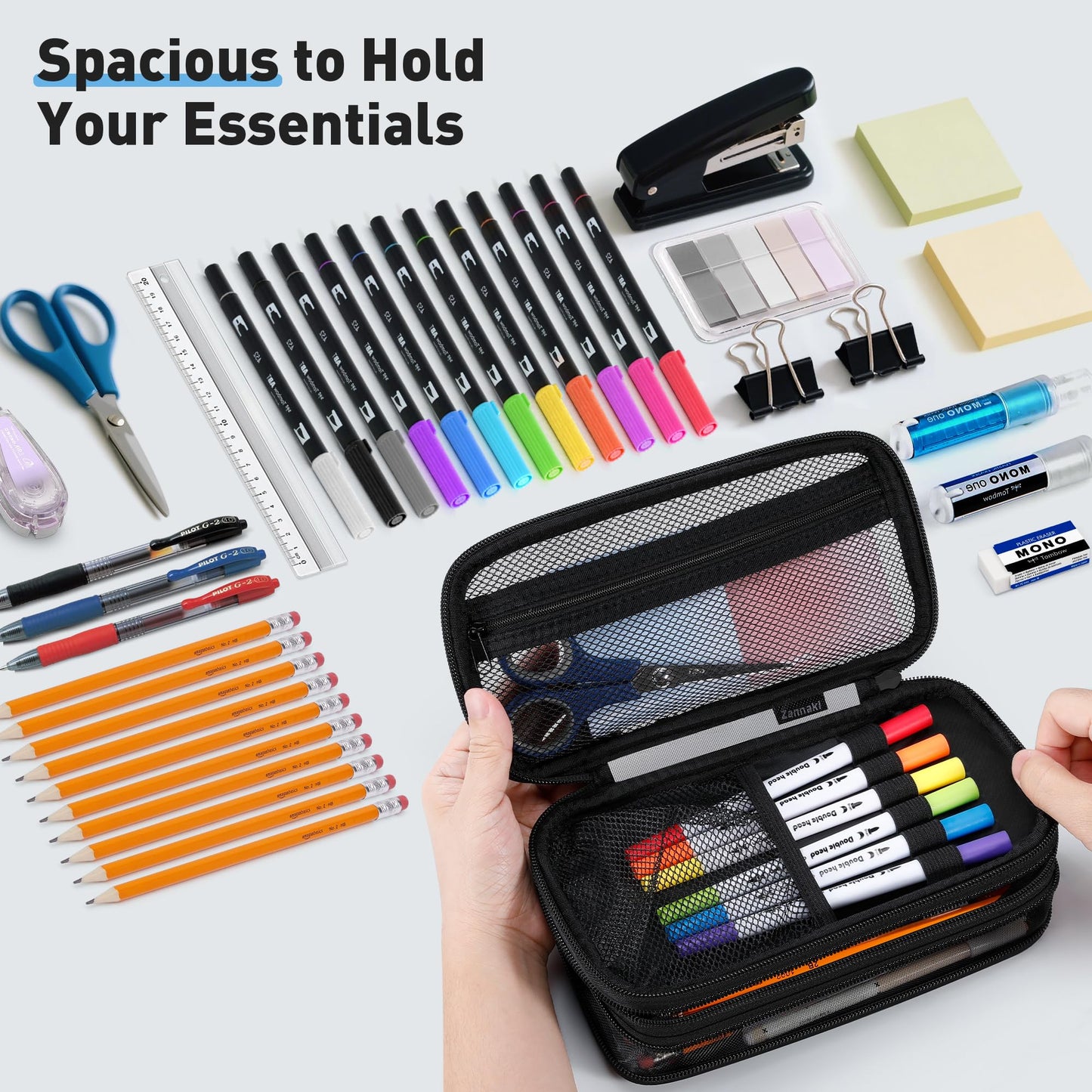 Zannaki Mesh Large Pencil Case,Expandable Pencil Bag with Large Compartments,Big Capacity Pencil Pouch Organizer with Zipper, Portable Stationery Pen Bag,Deformable School Supplies For Teen Girls Boys