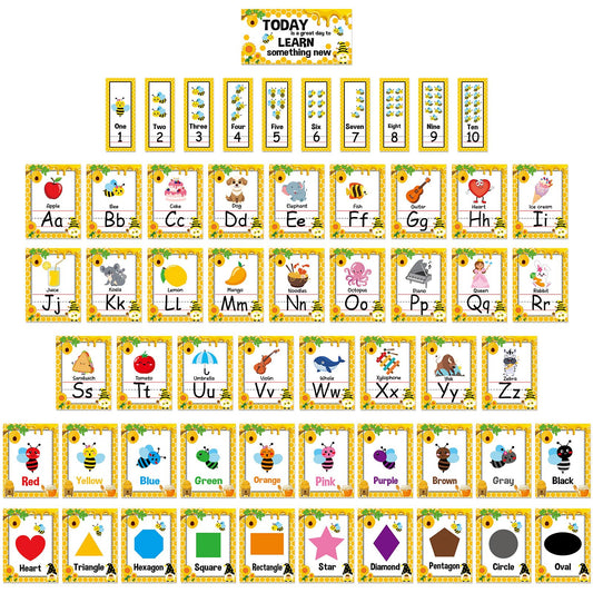 57Pcs Spring Bee Alphabet Number Bulletin Board Set Bumble Letters Number Colors Shapes Poster Back to School Wall Educational Learning Cards for Teacher Kids Preschool Kindergarten Classroom Decor
