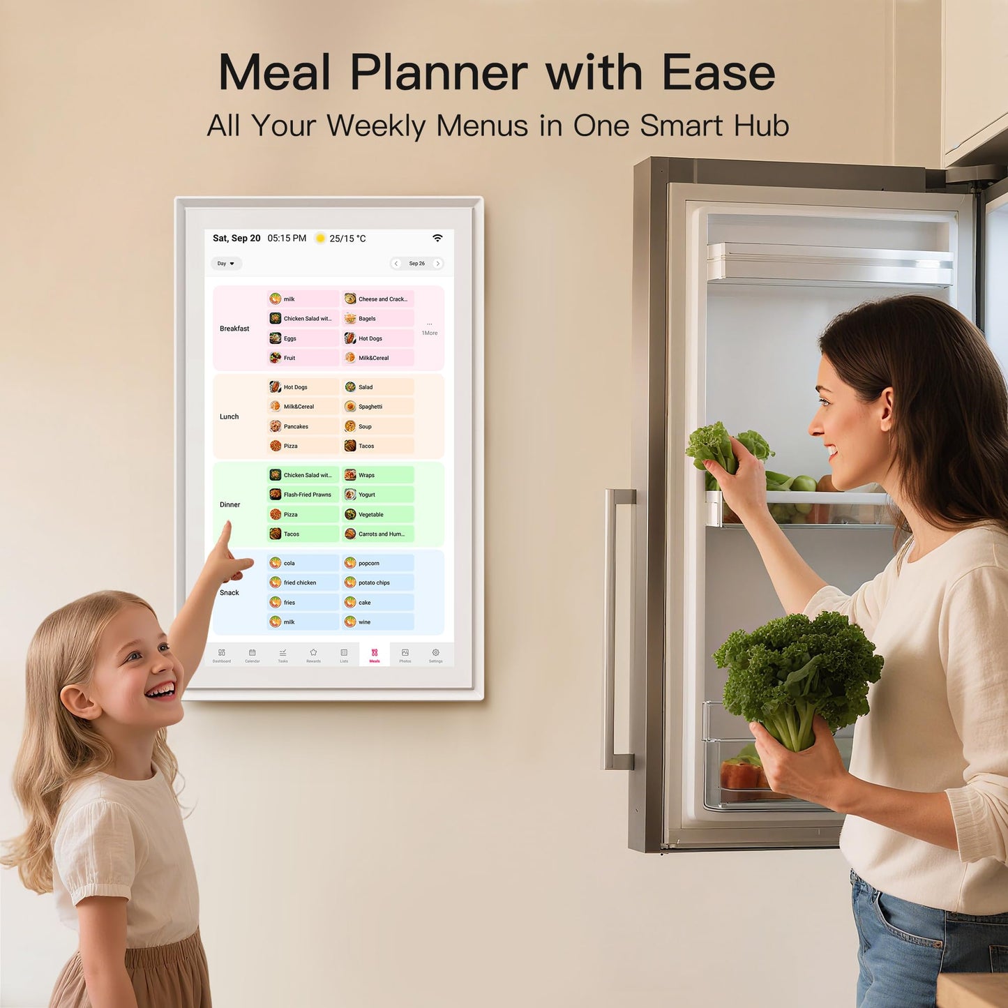 15.6 Inch Family Digital Calendar - Chore Chart, Meal Planner, Photo Display, FHD Interactive Touchscreen with LED Reminder, Wall & Desk Mount Smart Electronic Planner
