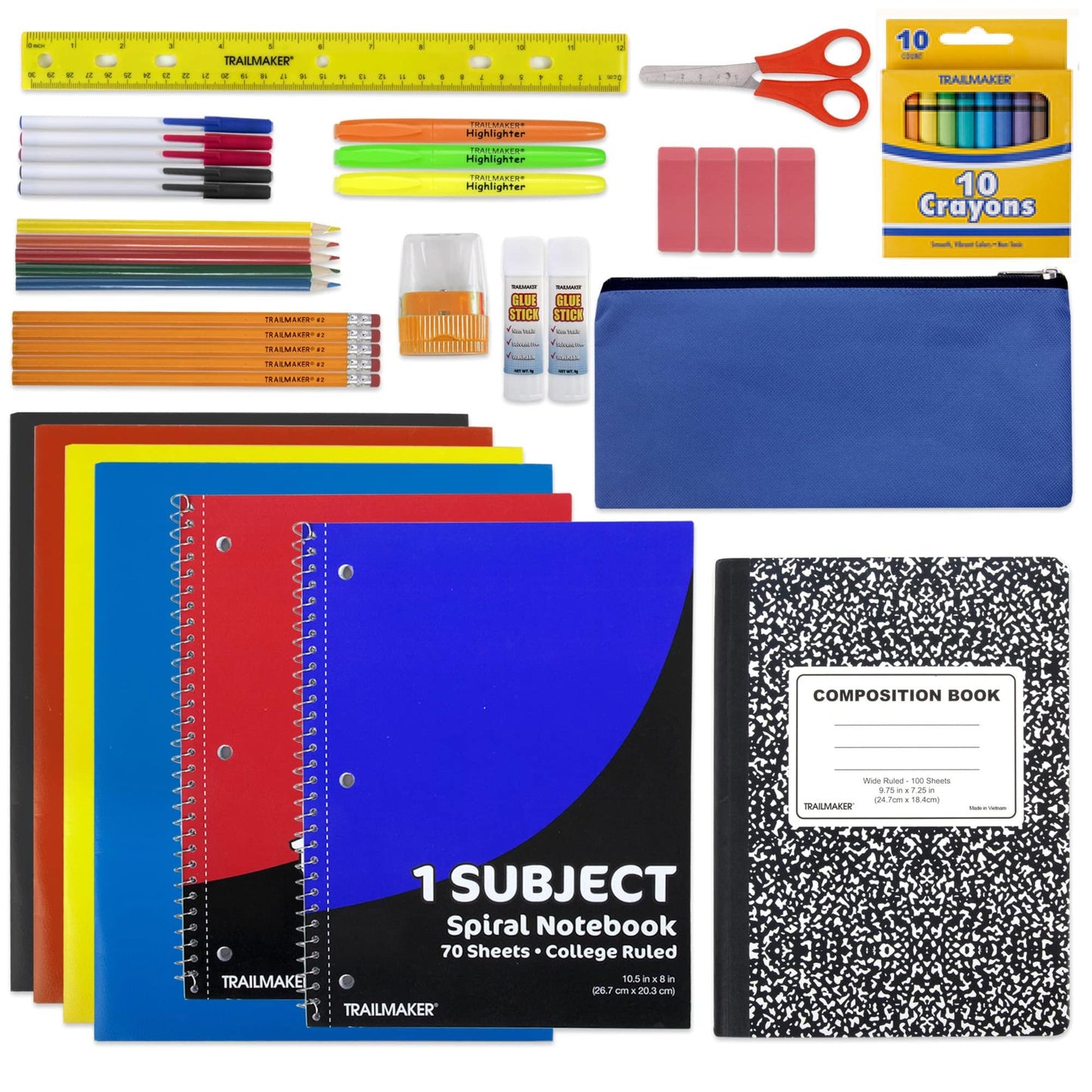 Trail maker School Supplies Kit 45 Piece School Supply Kit Grades K-12 – Back to School Essentials Includes Folders Notebooks Pencils Pens and Much More!