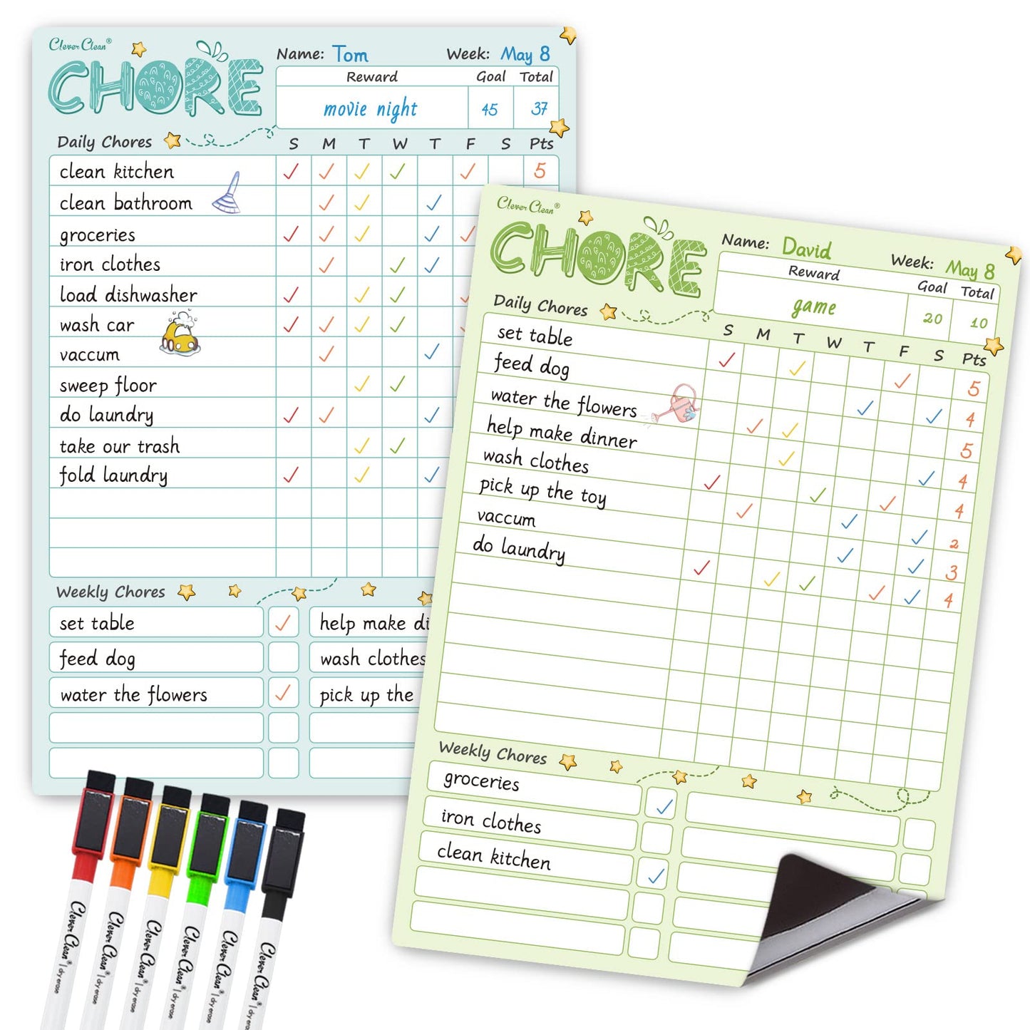 Magnetic Dry Erase Chore Chart - 8.5"x12" Behavior Responsibility Chore Board for Kids, Teenagers - 6 Extra Fine Point Markers Included - Shipped Flat 2 Pcs Blue & Green