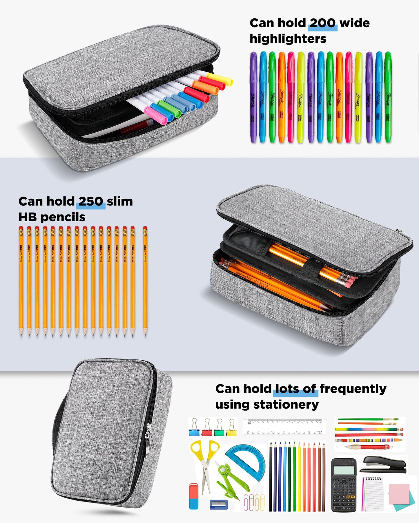 Zannaki Upgraded Large Capacity Pencil Case Pouch Marker Pen Stationery Bag Art Storage Box for Bullet Journal Student Teen Girl Boy Women Adult Middle High School Supplies College Essentials, Grey