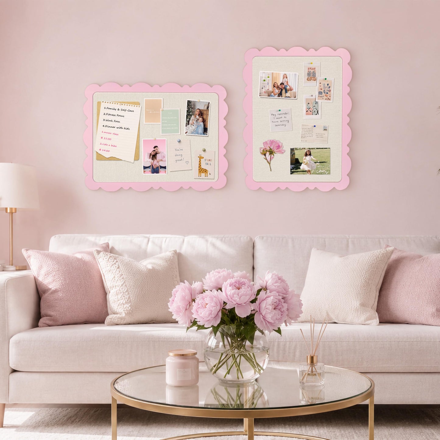 Marribol Scalloped Pin Board with Linen，18’’x24’’,Pink Pine Frame Bulletin Board for Office Home School Girls Dorm Decor, with 10 Cards,10 Pins