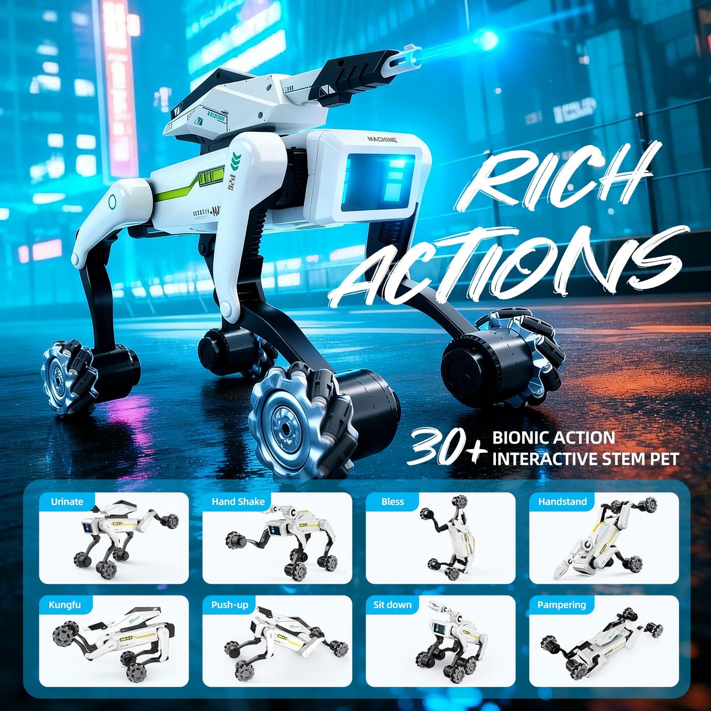 WEACFUS 3 in 1 Robot Dog with Wheels Kit, 30+ Bionic Actions, Voice & Remote Control, Programmable Moves, All-Terrain Stunt Pet, Ideal Gift for Kids Aged 6+(Removable Claw & Cannon)