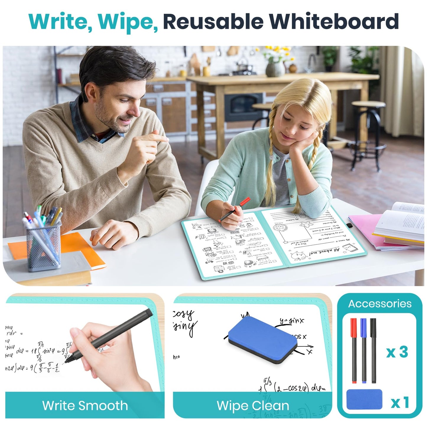WALGLASS Double-Sided Small White Board Dry Erase, 12'' x 9'' Portable Reusable Whiteboard Notebook, Foldable Mini Handheld Board for Students Practice, Home, School, Office, Travel - Blue PU Leather