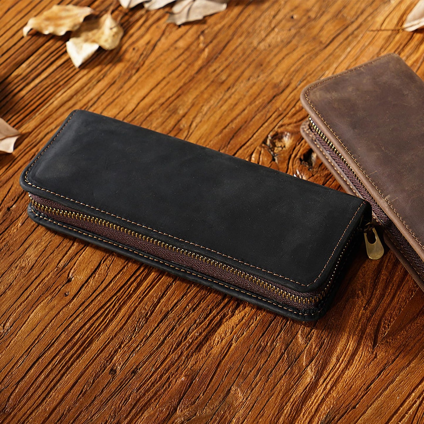 MIVLXLX Leather Pencil Case Organizer, 10 Wooden Pencils Portable Pen Case Storage for Drawing Pencils and Markers (black)