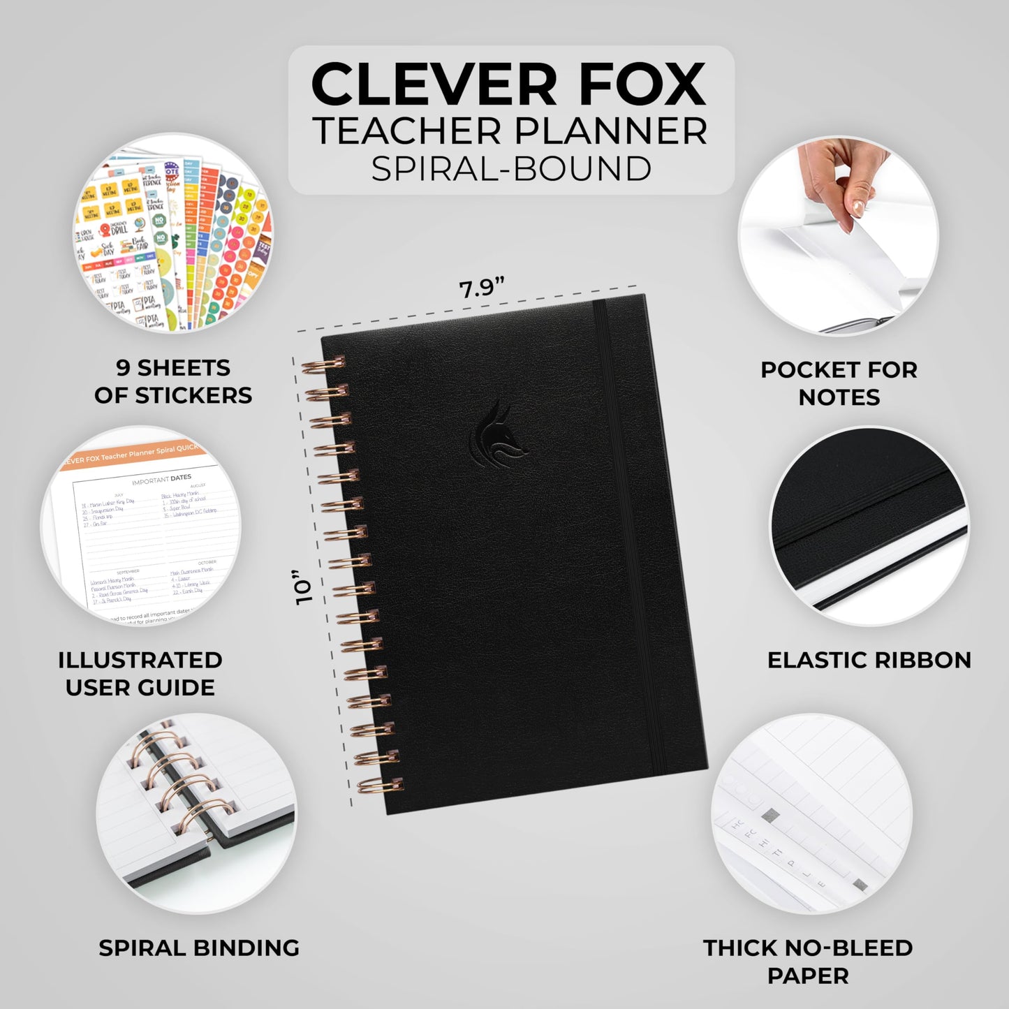 Clever Fox Teacher Planner Spiral – School Year Planner with Calendars & Lesson Plans – Teacher Plan Book for Classroom & Homeschool Organization - Undated, 7.9x10″ (Black)