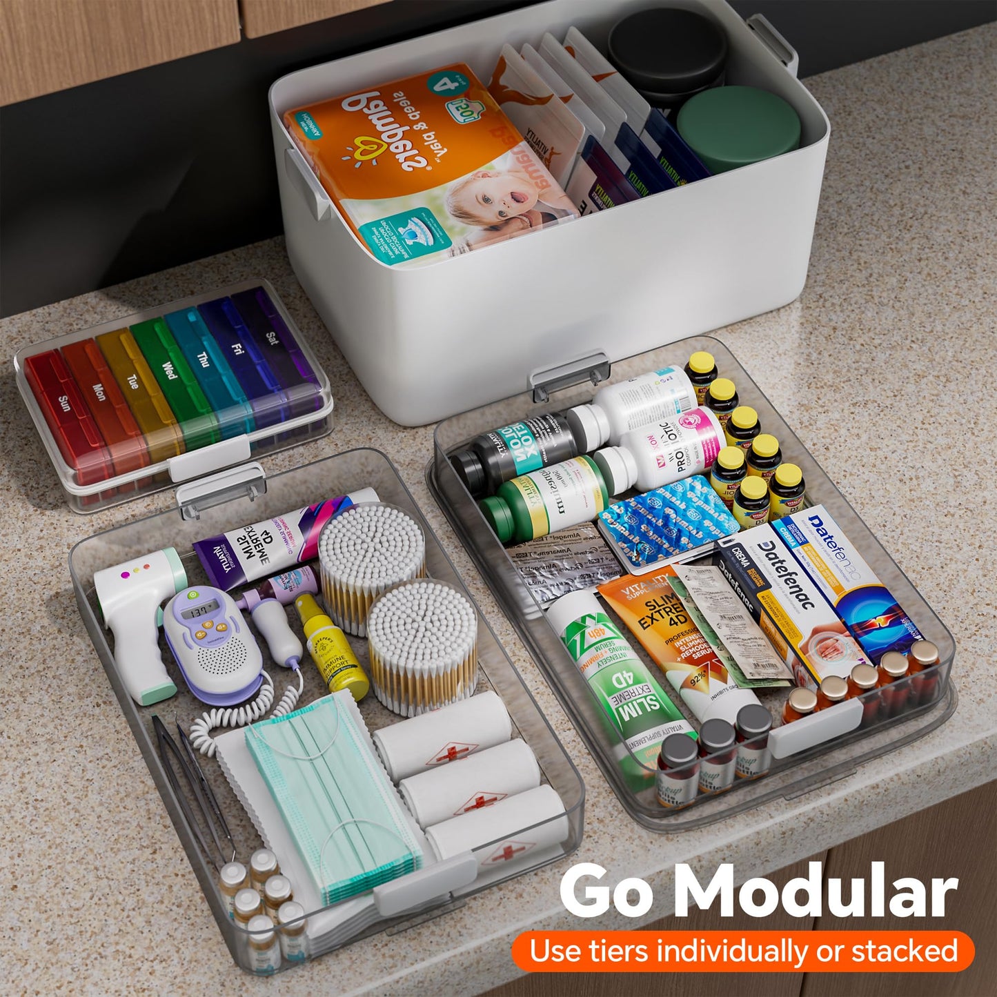 CTIME 3-Tier Medicine Organizer with Pill Case - Portable Pill Case & Empty First Aid Kit for Home, Travel, RV, School, Dorm, Ideal Elderly, Father Gift