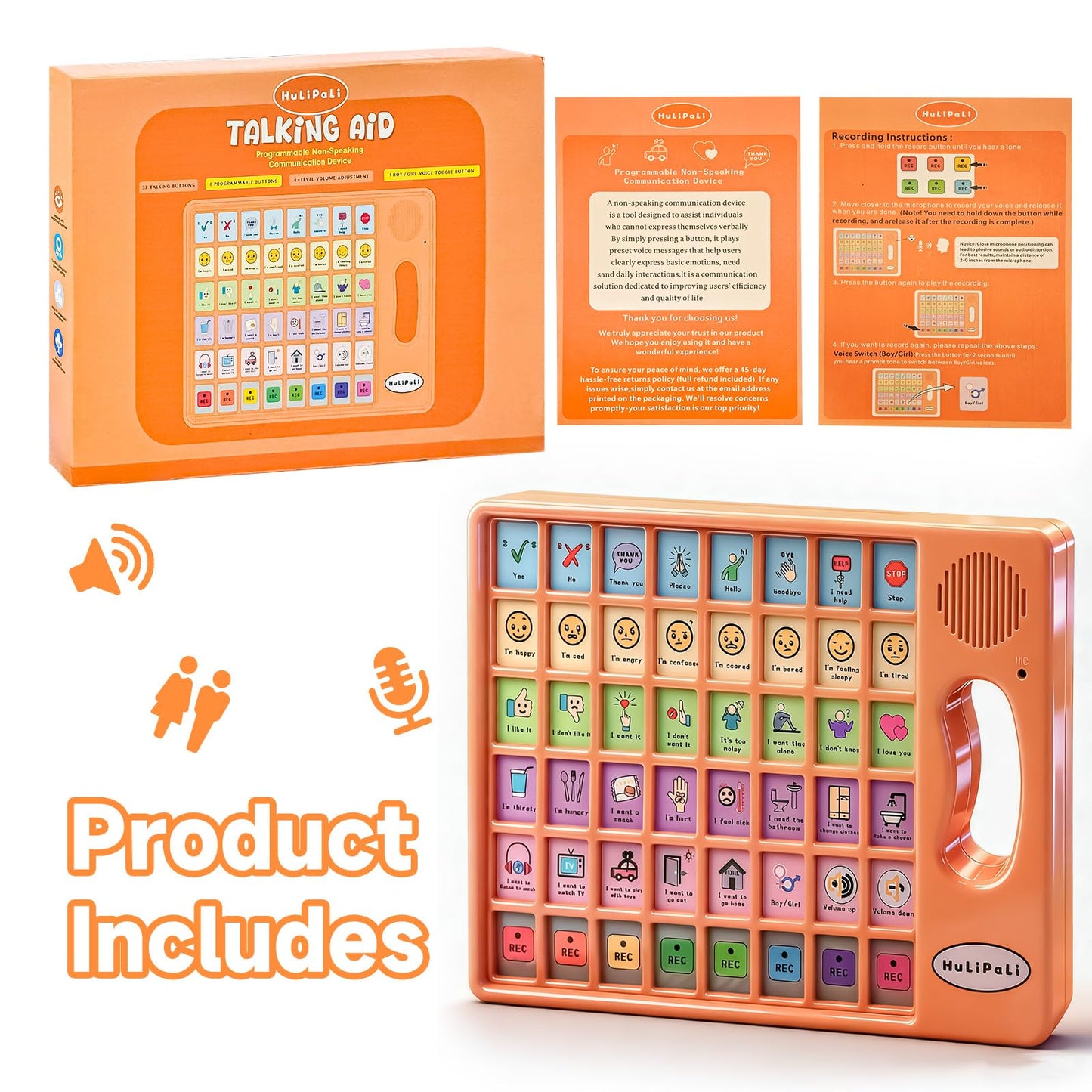 AAC Device for Autism with Grip Handle - 40 Pre-Installed Buttons & 8 Programmable Keys, Non-Verbal Communication Tool for Speech Therapy, Stroke Rehab & Aphasia, Adjustable Volume Talking Aid