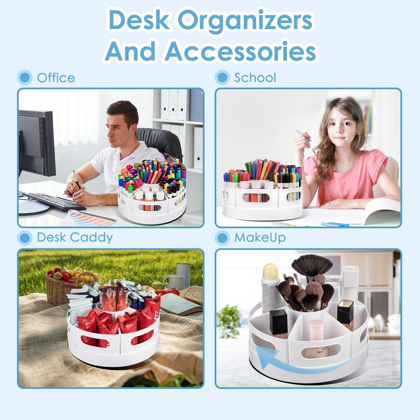 CraftGenes Art Supply Organizer, Extra Large 360 Degree Rotating Desk Organizer with 7 Removable Compartments, Marker Organizer and Craft Caddy for Kids, Teachers, Classroom, Home Office, White