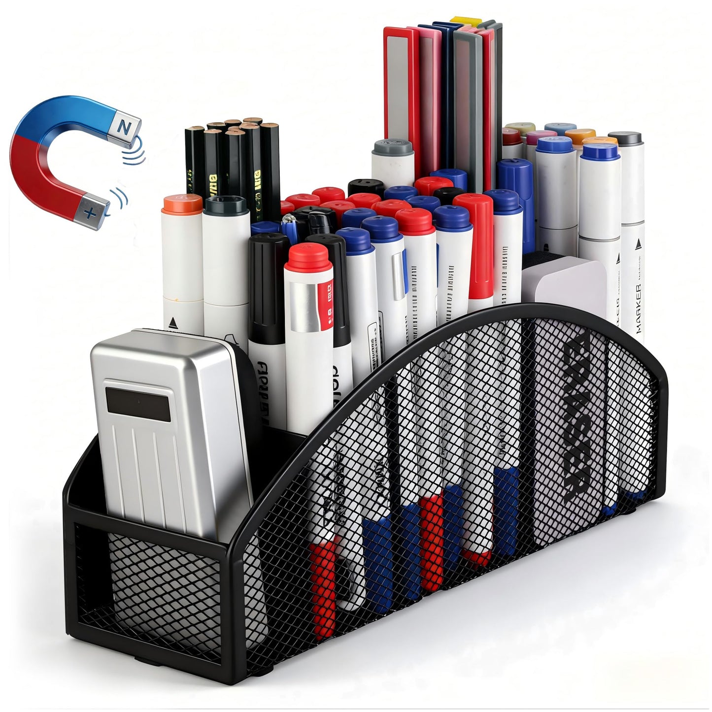 BEILITEMAG Magnetic Dry Erase Marker Holder for Whiteboard, 5 Slots Metal Pen Holder with Strong Magnets, 10inch Large Capacity Storage Basket Organizer for Office, School and Home (Black)