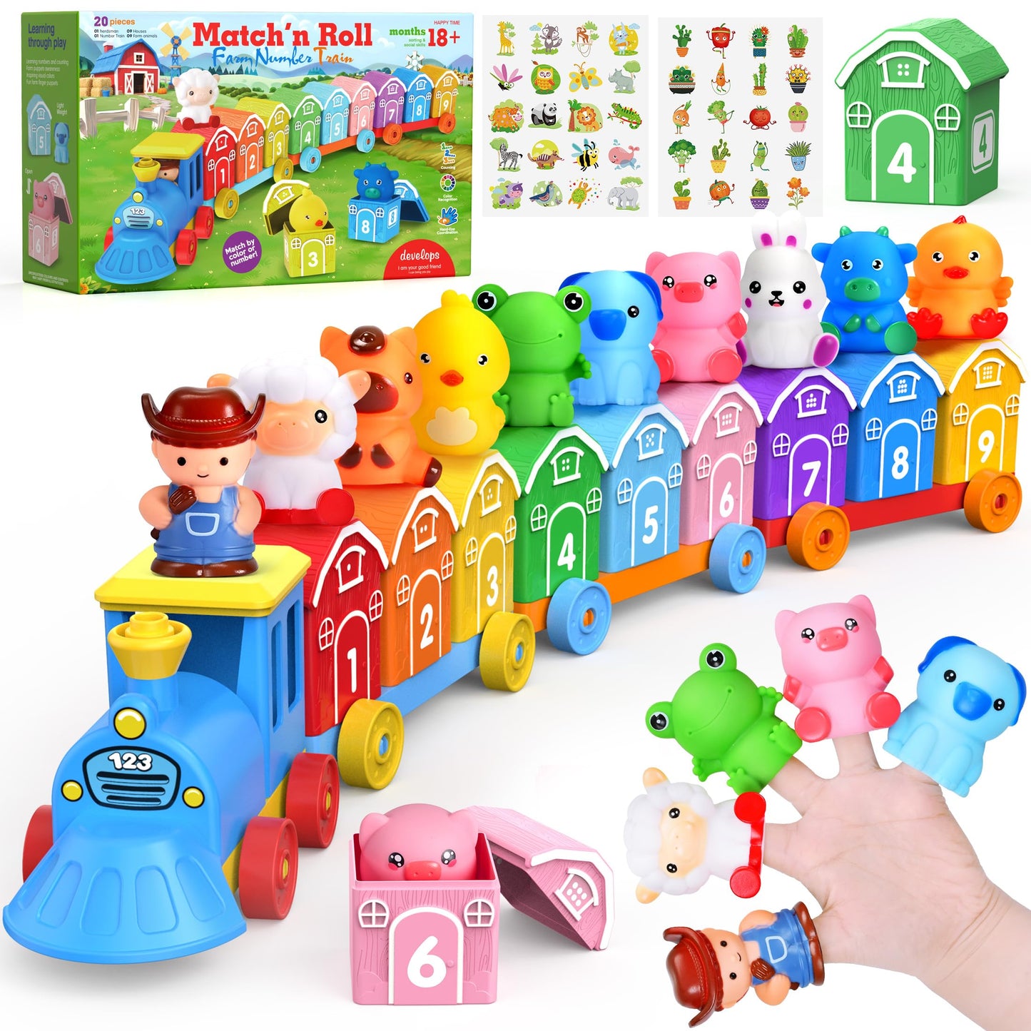GooMags Montessori Toys for Toddlers, Farm Animal Train Set with Counting Matching Sorting Activities 9 Barns, 10 Finger Puppets, 2 Stickers-Learning Toys for Baby Boys Girls, Preschool Gift