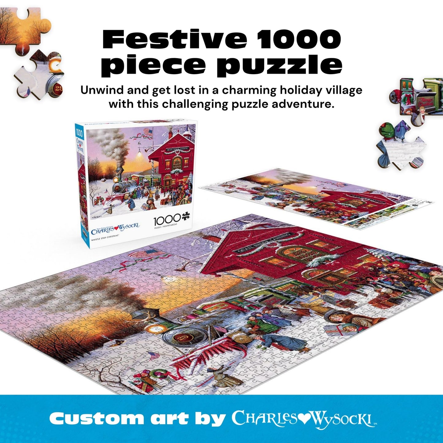 Buffalo Games – Charles Wysocki - Whistle Stop Christmas- 1000 Piece Holiday Jigsaw Puzzle - Festive Puzzles for Adults – Precision-Cut Pieces, Winter Artwork, Hours of Relaxing Fun